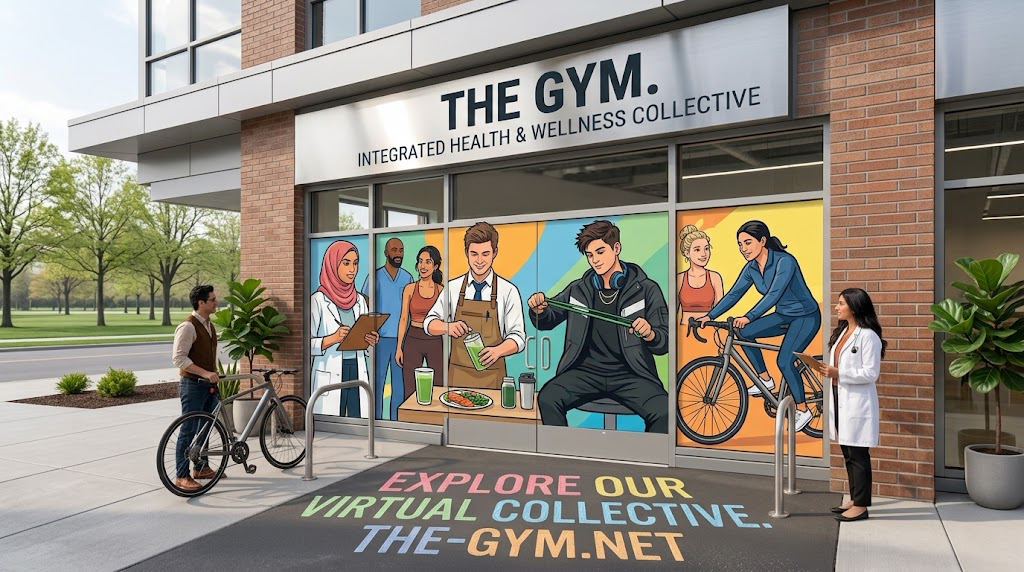The Gym storefront, an integrated health and wellness collective. A mural across the windows shows the staff at work: a clinician with a clipboard, a coach, someone blending a drink at the bar, a member with a resistance band, and a cyclist. Painted on the pavement: explore our virtual collective, the-gym.net.