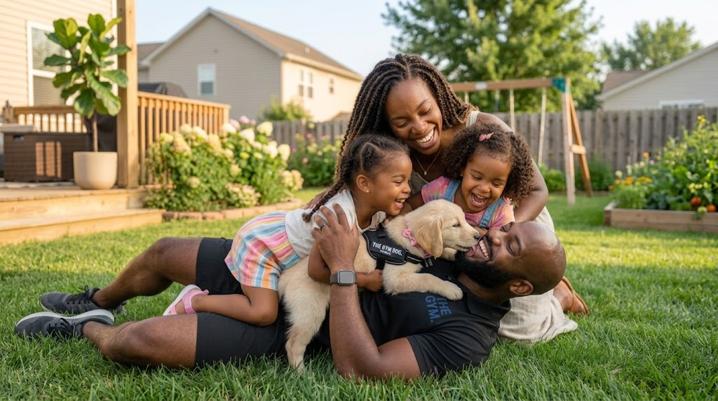 Stephen Thomas lying on the grass in his back garden, laughing, while his daughters Zuri and Mia, his wife Maya, and their golden retriever Girl, in a harness reading THE GYM DOG, all pile on top of him.